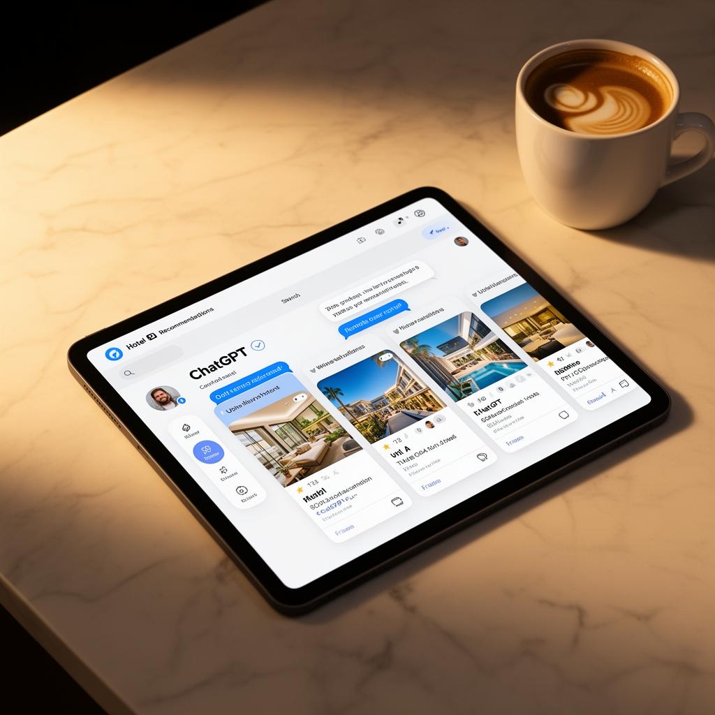 ChatGPT interface on tablet showing hotel recommendations and AI-powered travel search