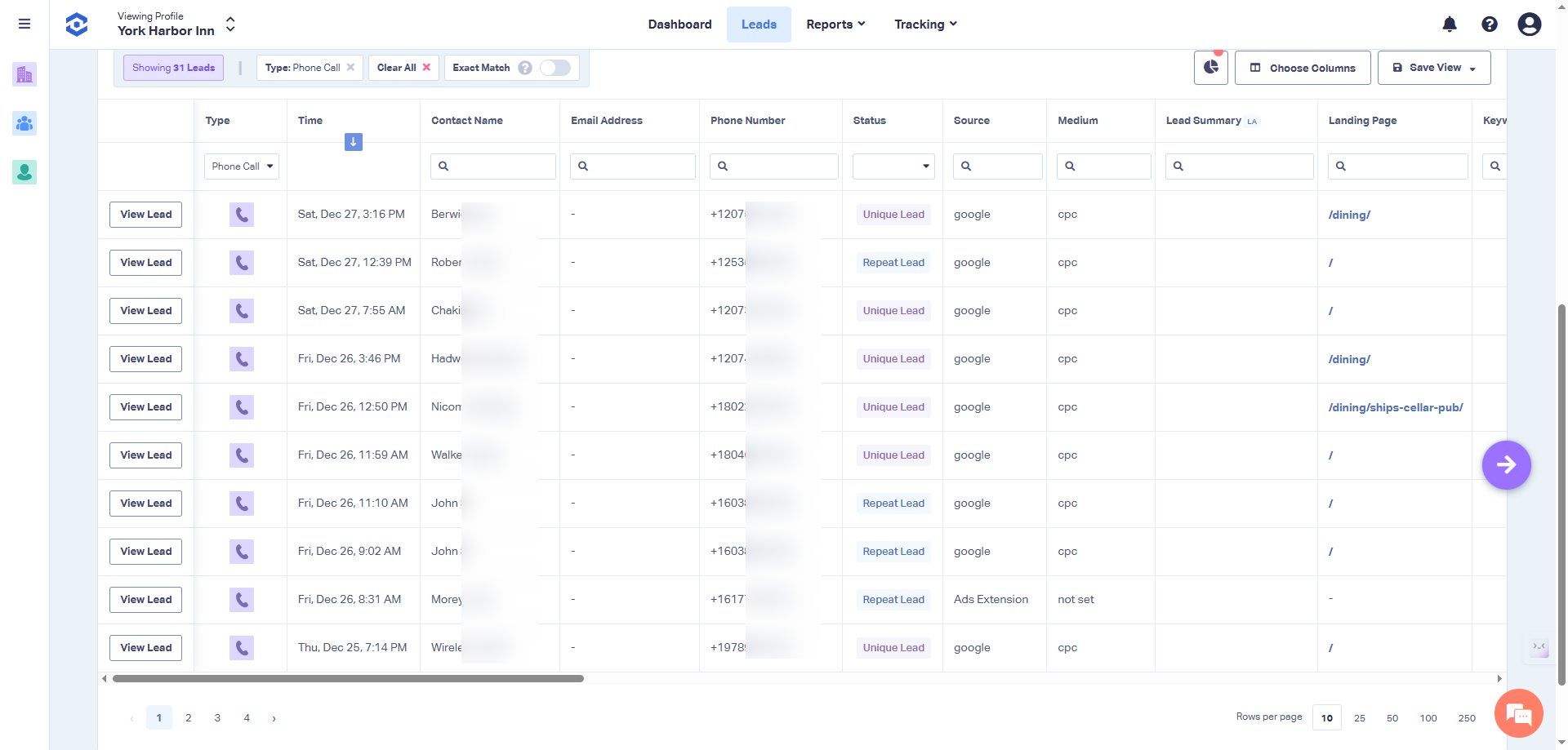 Call tracking dashboard showing lead details, phone numbers, and source attribution