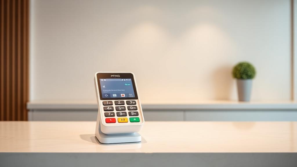 Modern hotel payment terminal processing a credit card at luxury hotel front desk