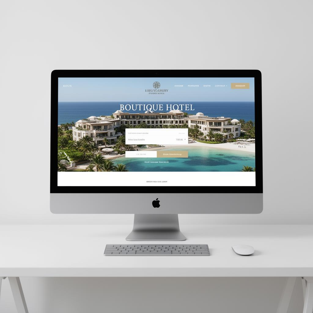 Modern hotel website displayed on iMac showing elegant booking interface