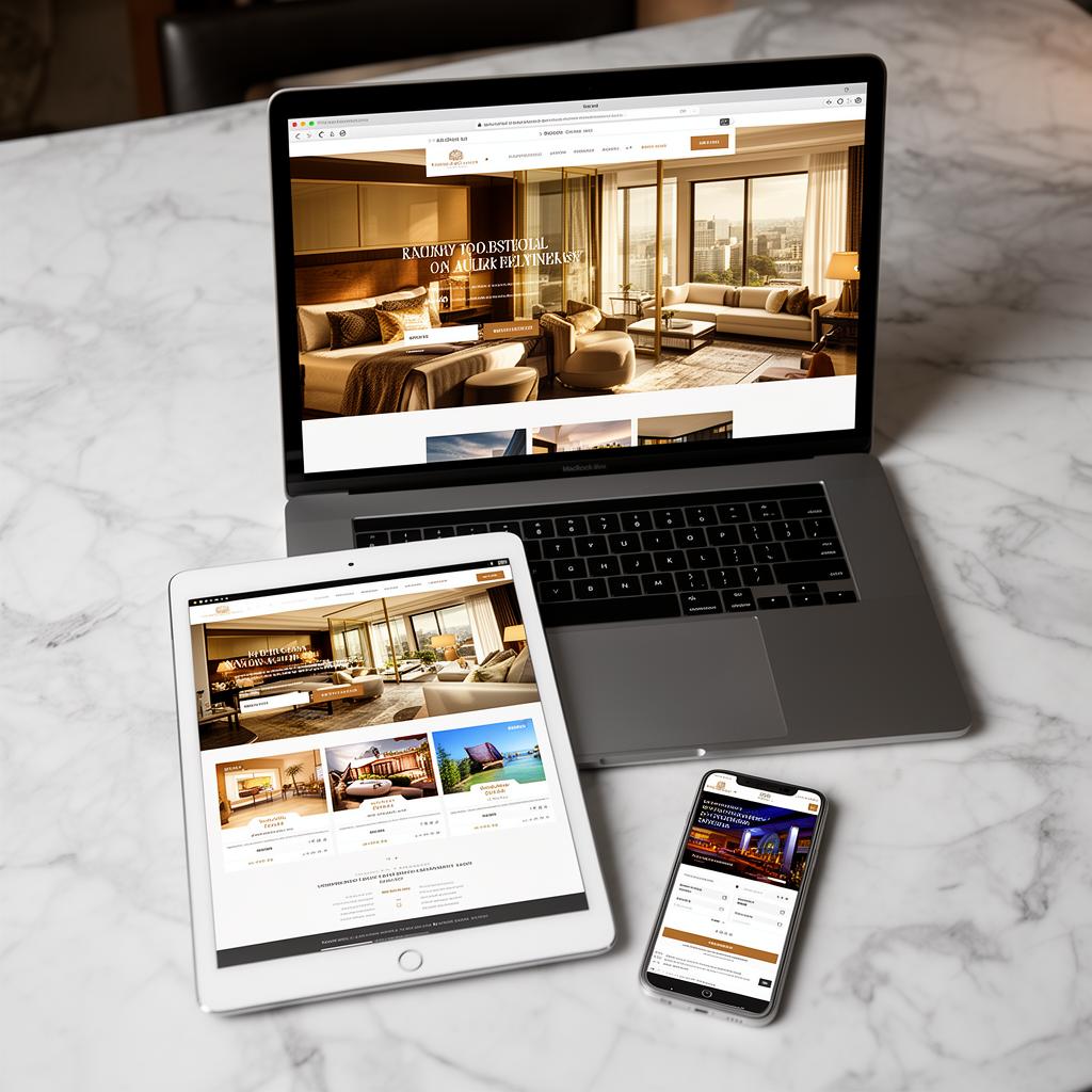 Hotel website displayed on multiple devices - laptop, tablet, and smartphone showing responsive design